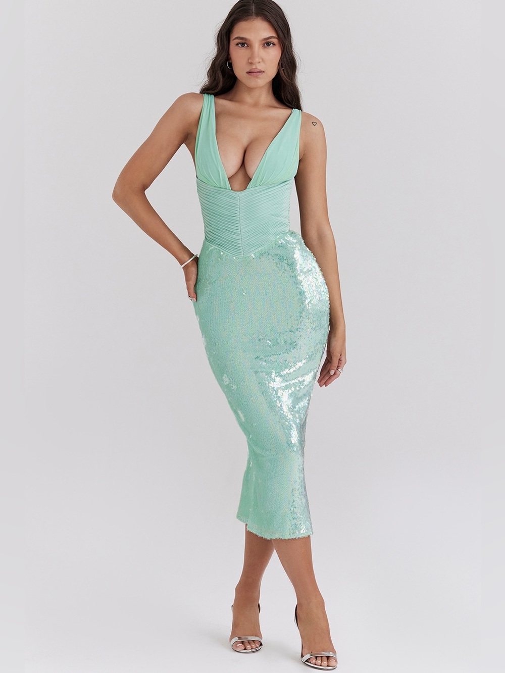House of CB THALA Seafoam Sequin Corset Midi Dress